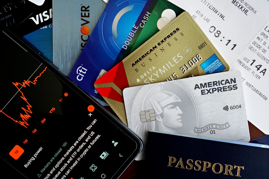Smartphone Credit Cards Passport and Ticket